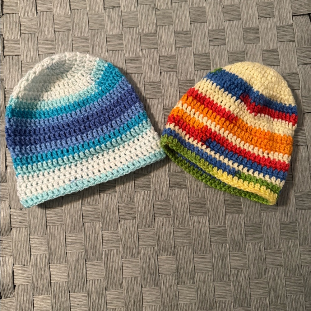 Crochet Knit Beanie Hats 2 pack 0-3 months Blue, Yellow, Orange, White